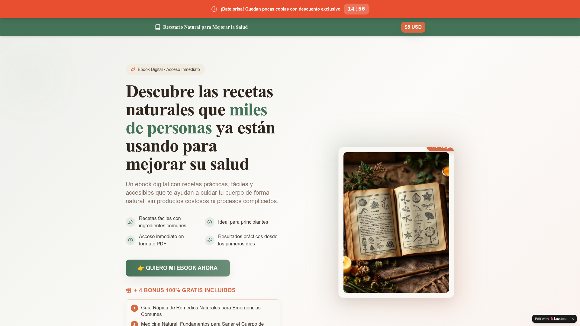 Portada del sitio web Recetario Natural para Mejorar la Salud